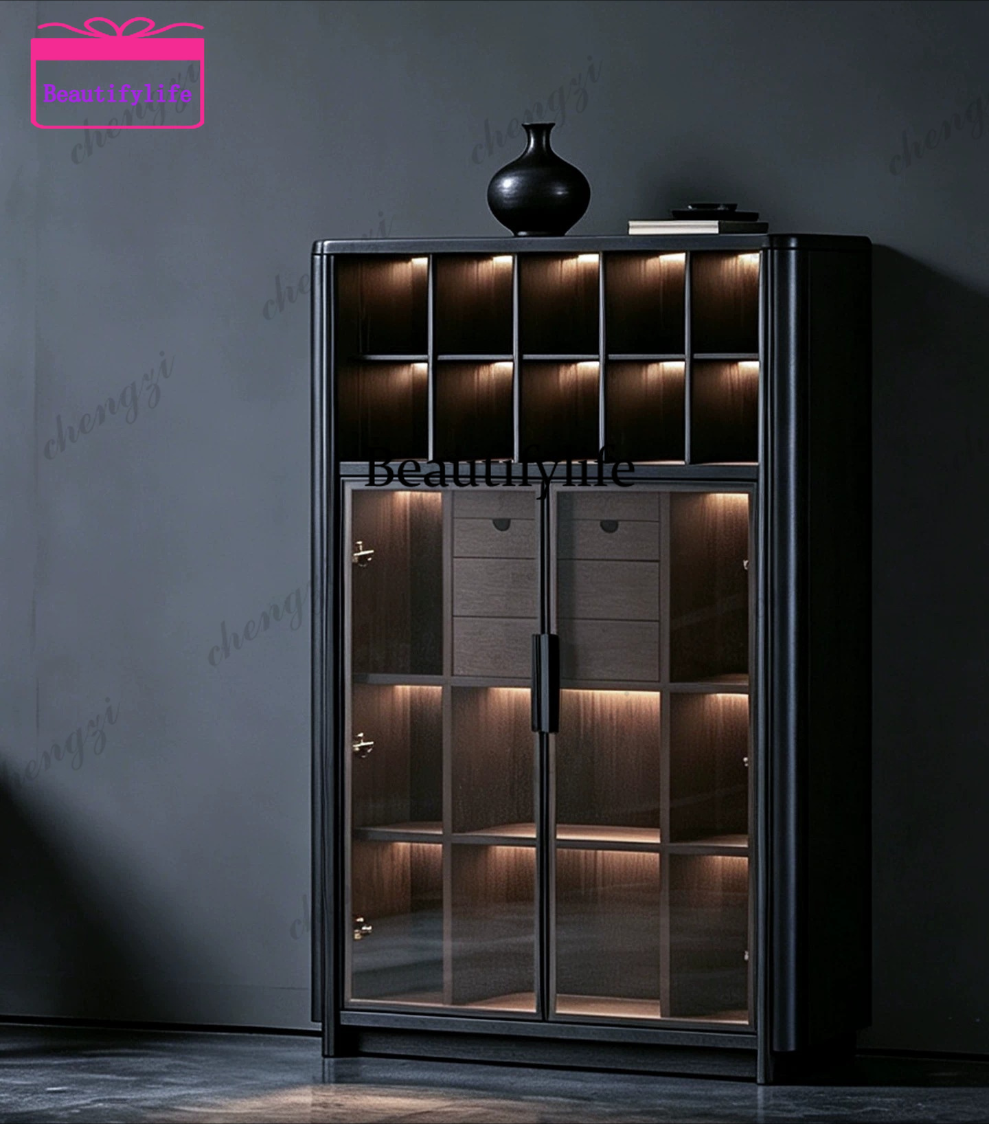 Glass Cabinet Display - a55 Rak buku kayu solid minimalis